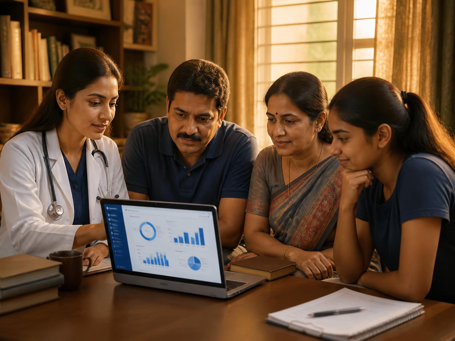 A doctor guiding Indian parents and their NEET aspirant through medical college counselling on a laptop