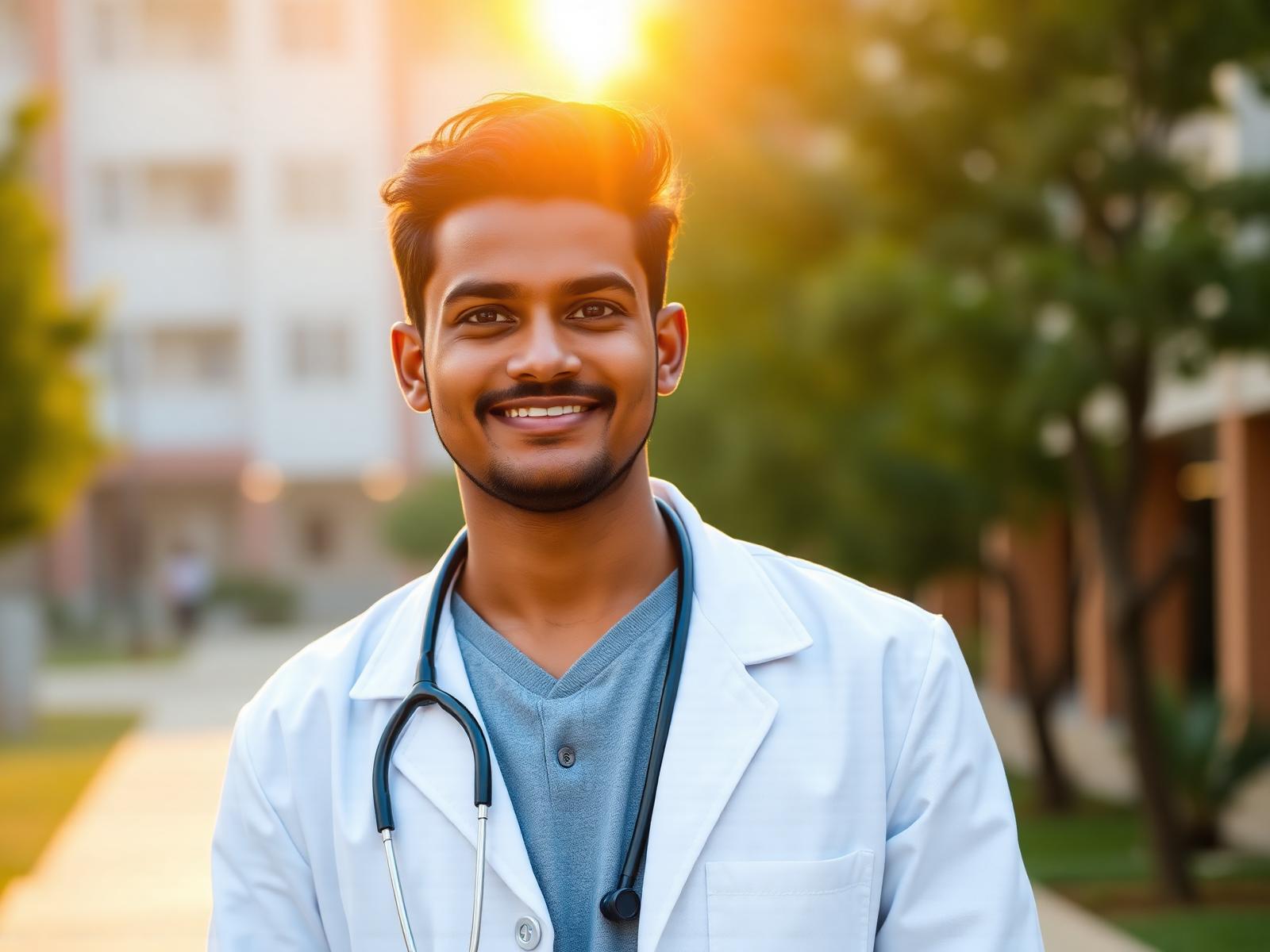 Proud young Indian medical student in a white coat on campus at golden hour