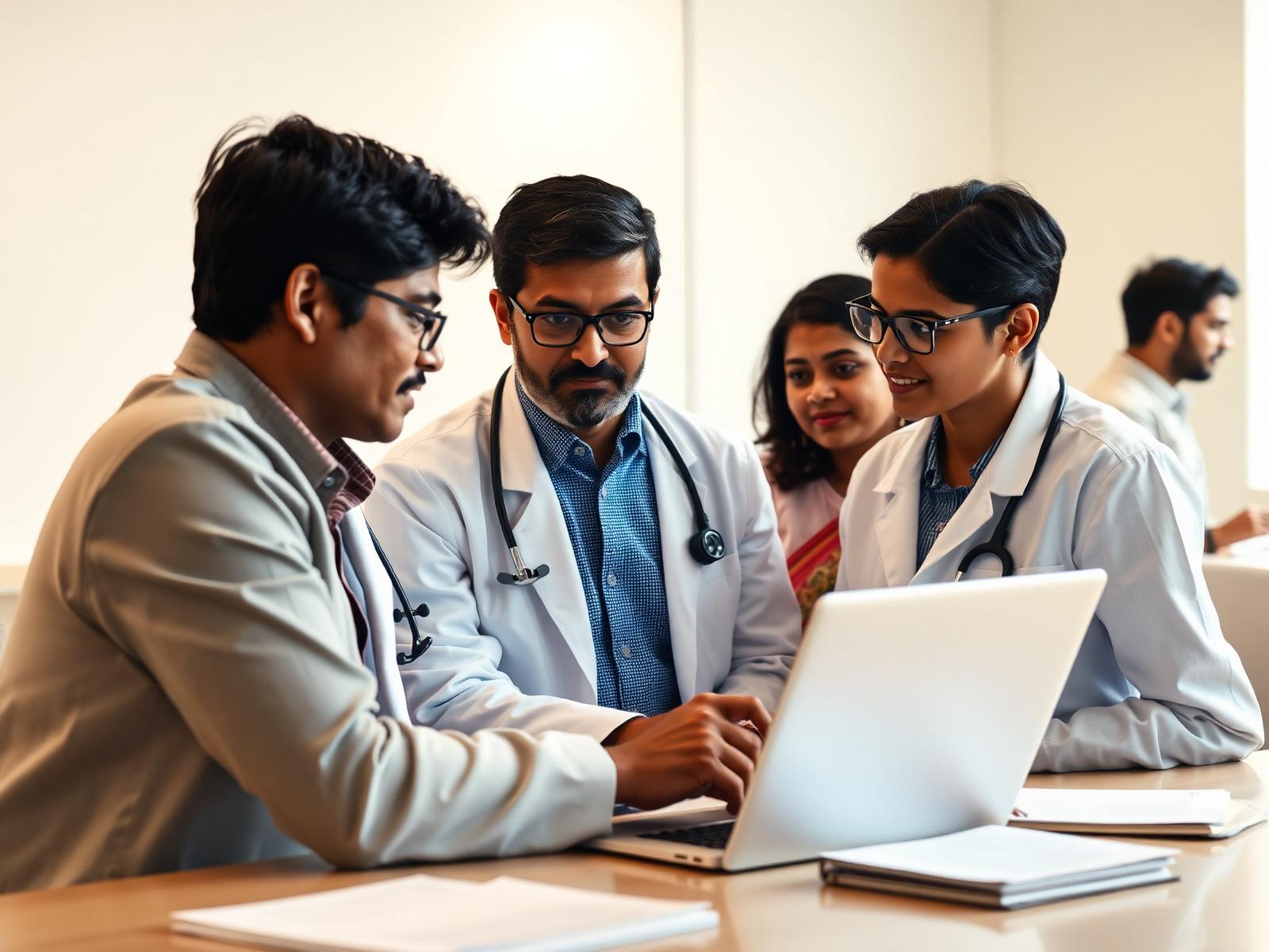 Doctor guiding a family through medical college counselling on a laptop