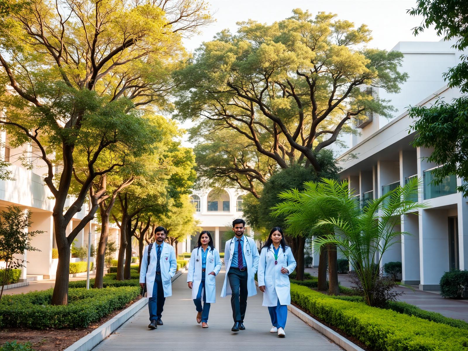 Modern Indian medical college campus with students in white coats walking