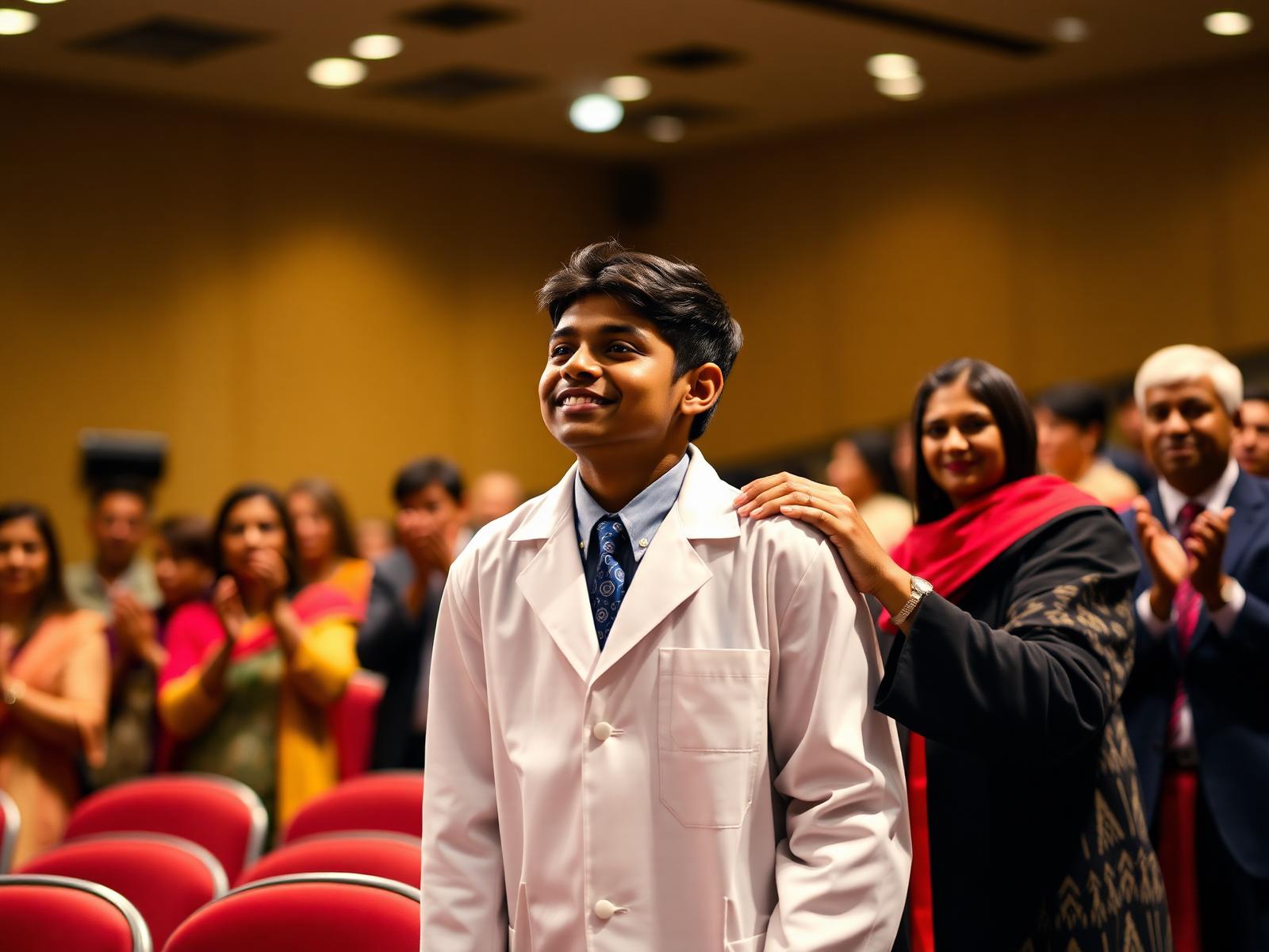 Student receiving their first white coat at a ceremony as parents applaud