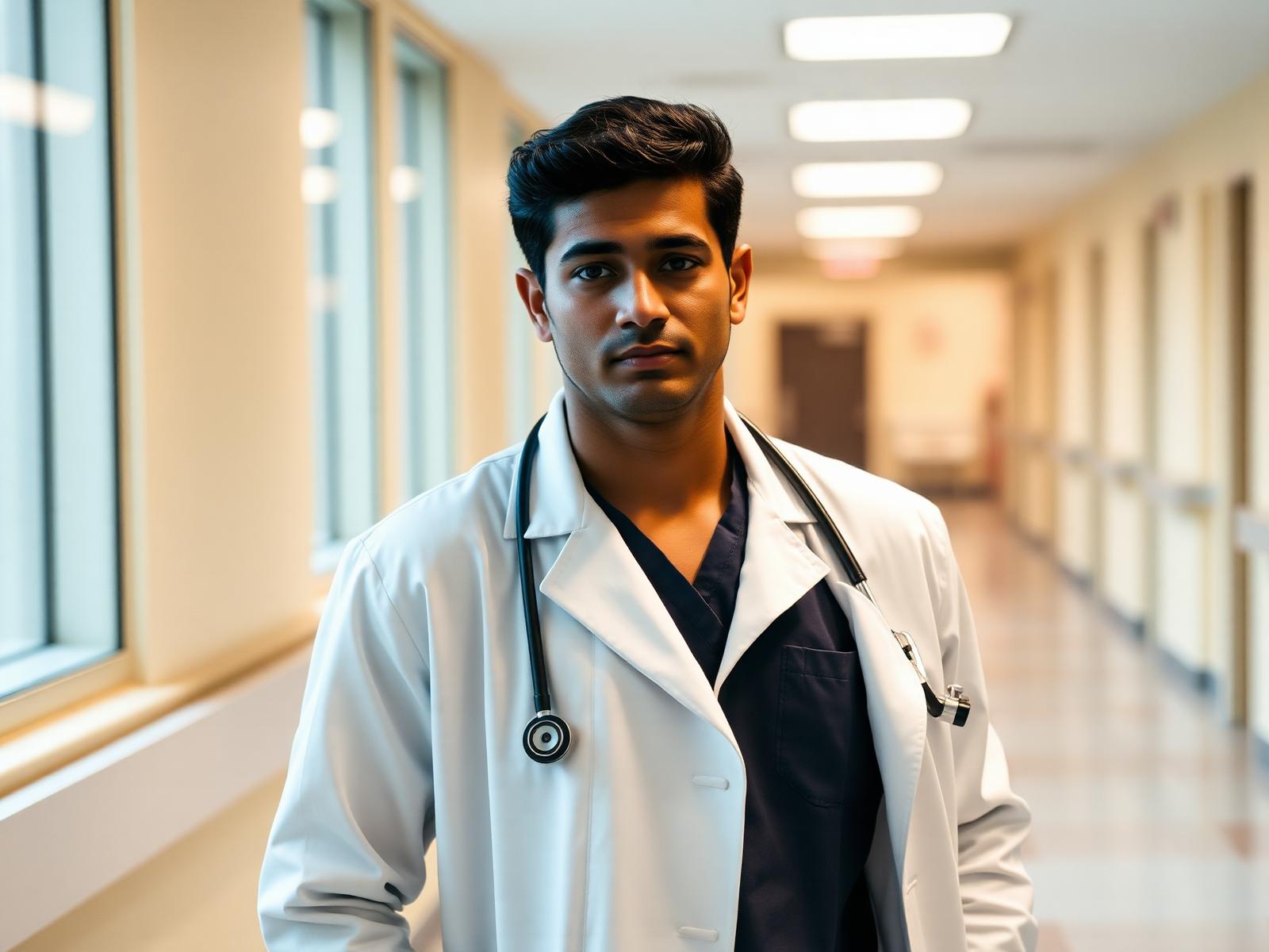 Young doctor walking through a modern hospital corridor