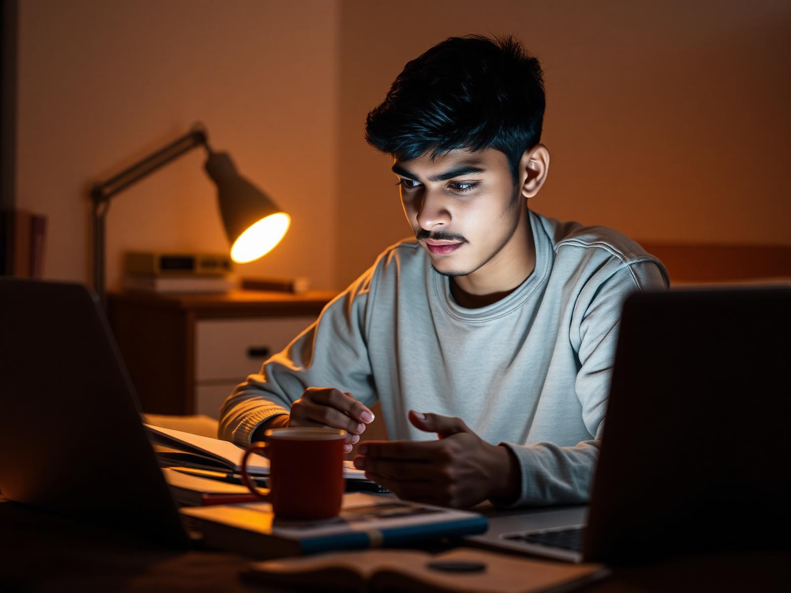 Focused student studying late at night with books, laptop and coffee